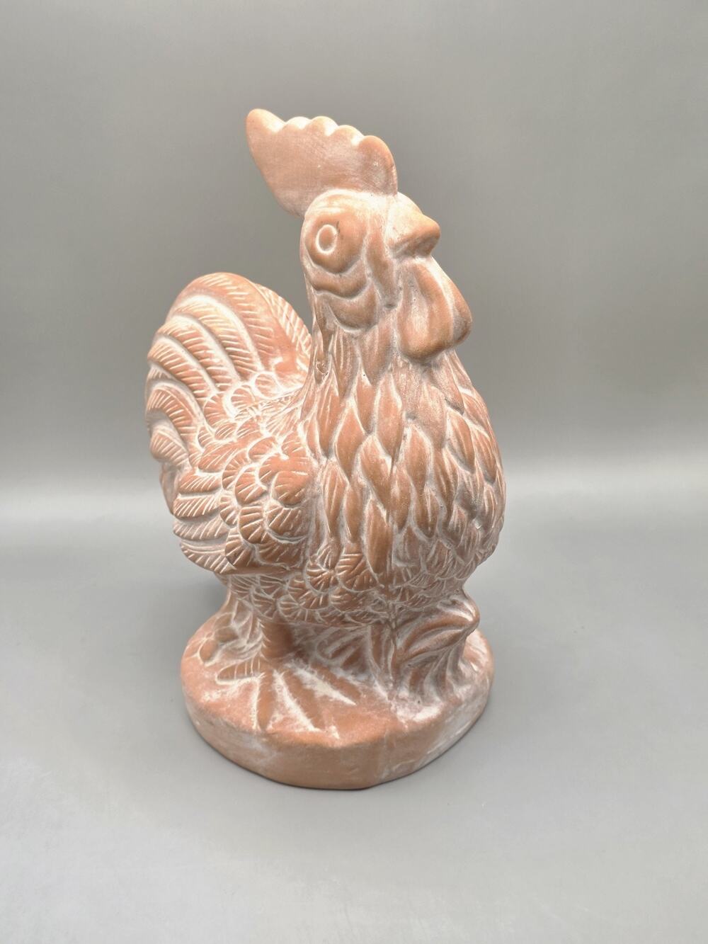 Vintage Terracotta Rooster Figurine Whitewash Clay Chicken Statue Country Decor